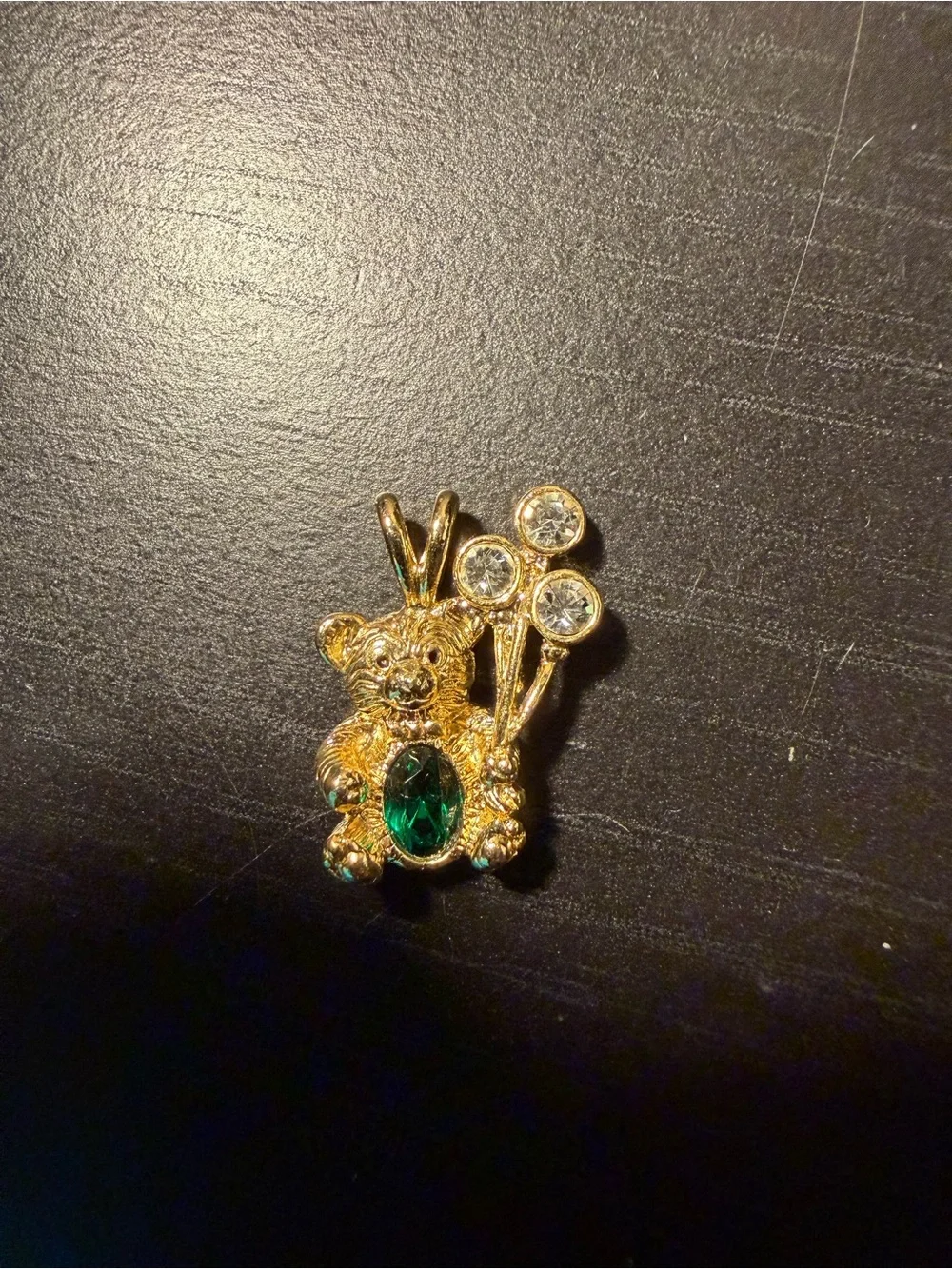 Gold Teddy Bear Charm with Emerald Green Stone and Clear Crystals